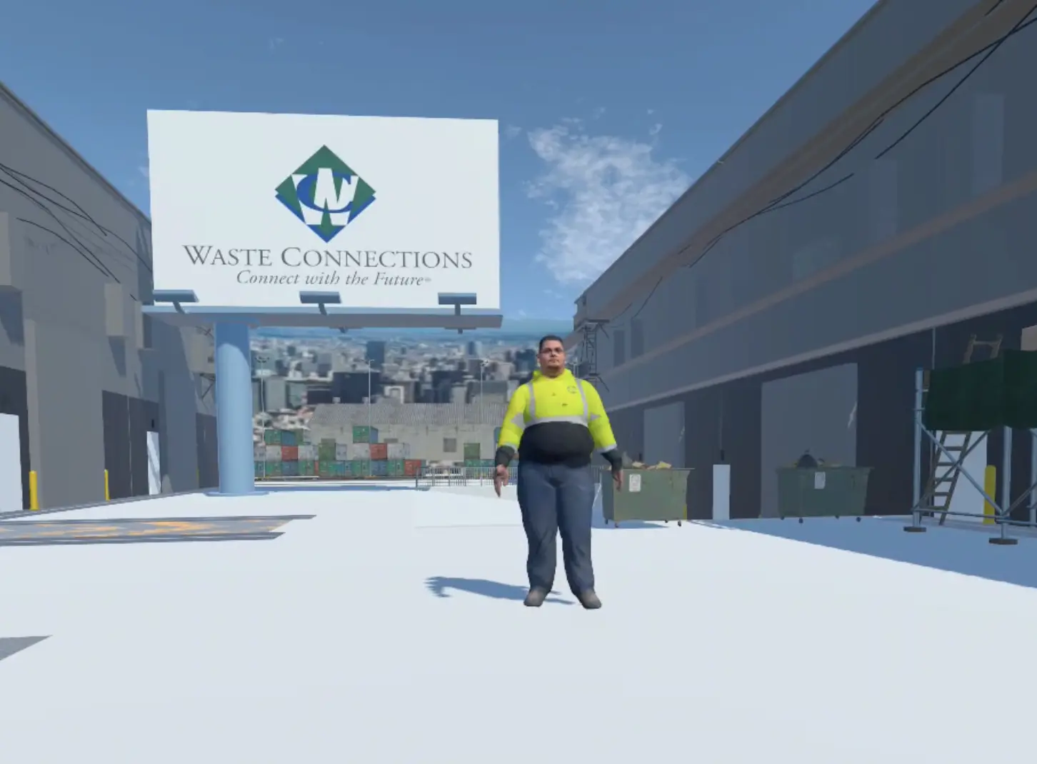 A VR scene of a man standing in a lot in front of a billboard showing a garbage truck.