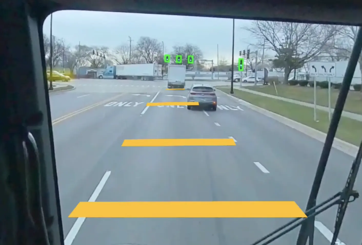 A mini game with yellow lines indicating where a truck should stop.