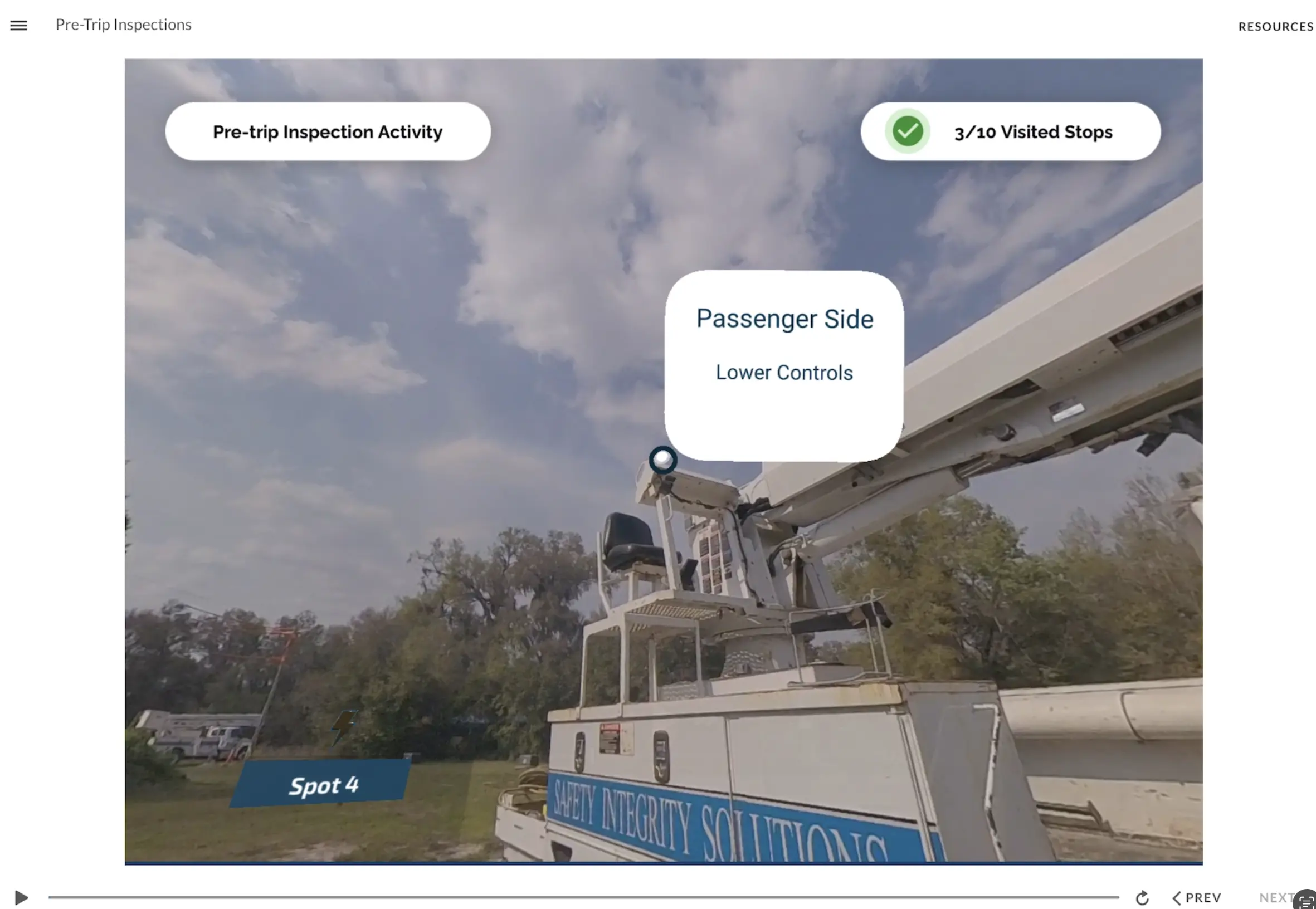 A virtual tour arounda truck with a modal indicating engagement with learning content.