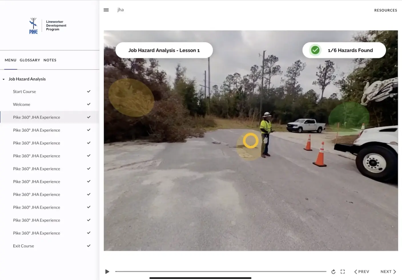 Yellow and green circles overlaying hazards indicating student choice.