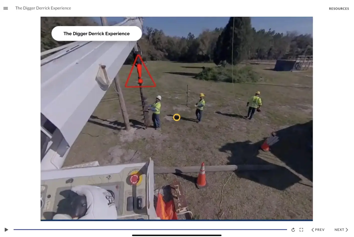 A graphic of a red caution sign indicating a dangerous moment during a pole change procedure.