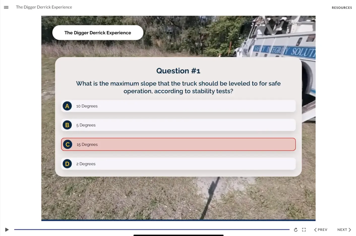 A multiple choice question with four different answers presented in a modal overlaying 360 video.